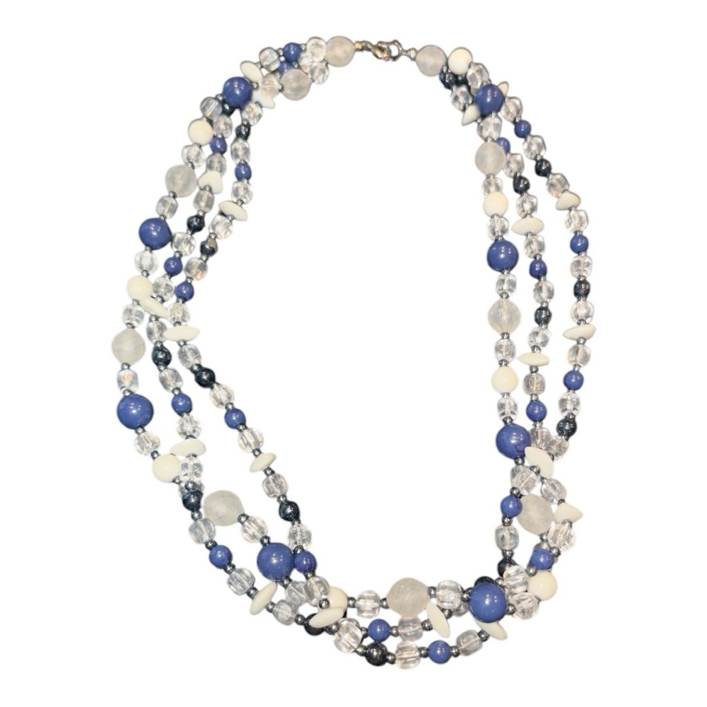Vintage Plastic/Acrylic clear, Navy and White triple strand choker. JB1